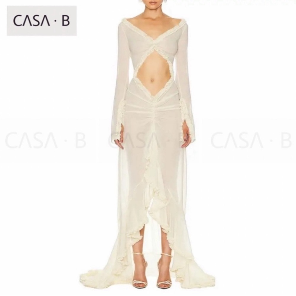 NEW💫to CASA B|“Glamour de Cannes” Mesh Cut-Out Frill Sheer Long Sleeve Lux Gown